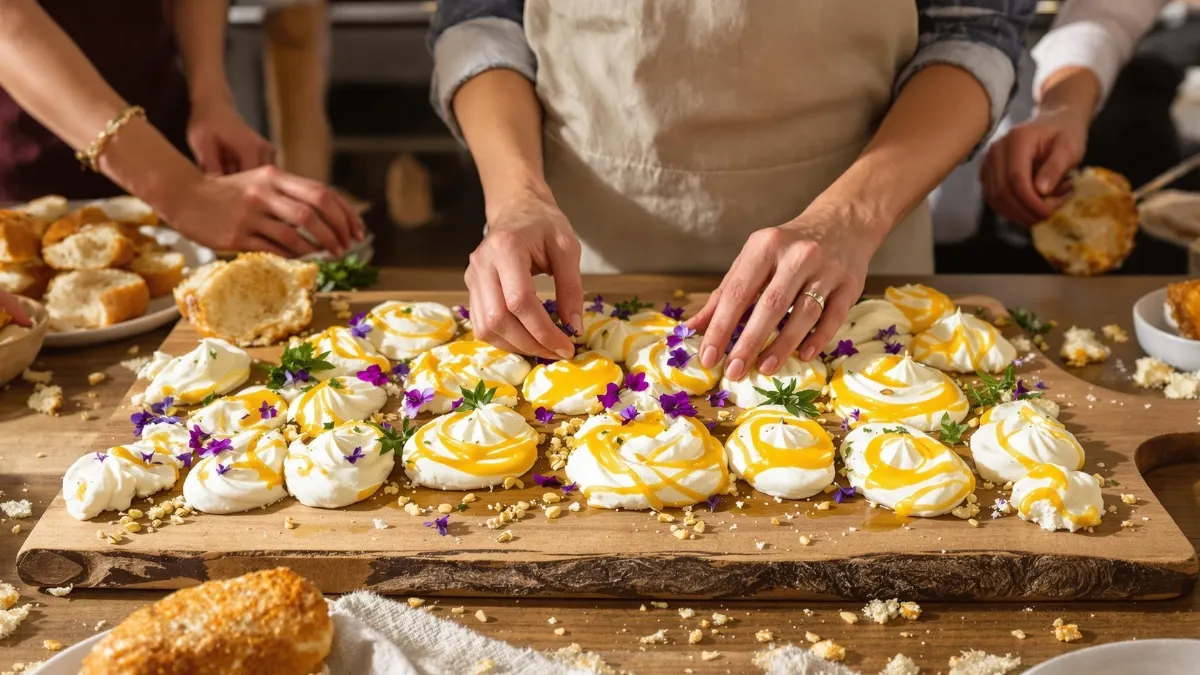 A charismatic female chef in her mid-30s, wearing a casual linen apron, stands behind a