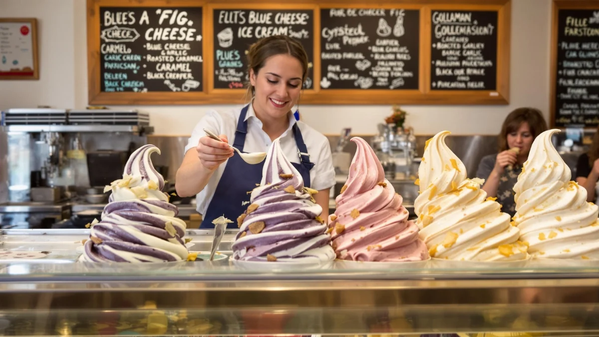 A confident female artisanal ice cream maker in her mid-30s, wearing a stylish navy