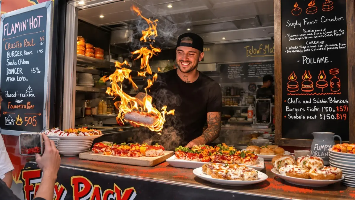 A confident food truck chef in his late 20s, with visible arm tattoos and a black baseball