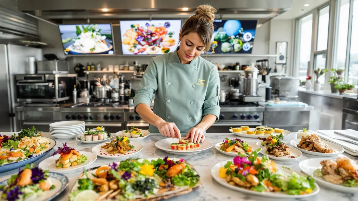 A creative plant-based chef in her mid-30s, wearing a sage green chef's coat with an