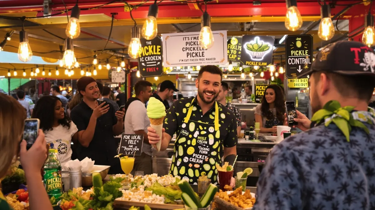 A diverse group of millennial food enthusiasts gathered at a vibrant food festival booth