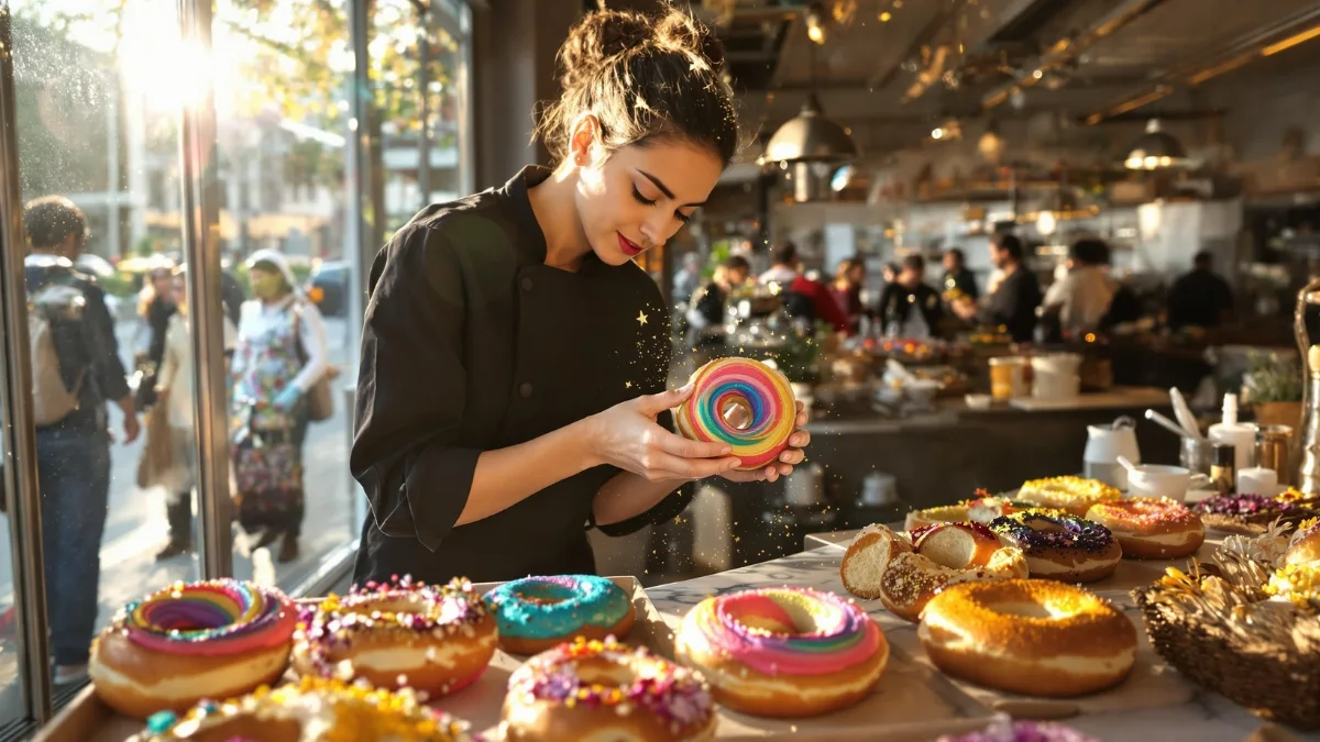 A passionate artisan baker in her mid-20s, with flour-dusted hands and a modern black chef's coat