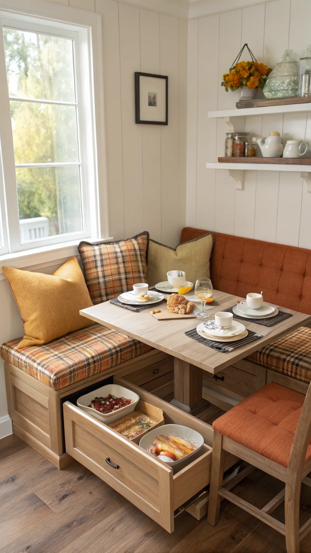 Built-In Bench with Pull-Out Drawers for Serveware