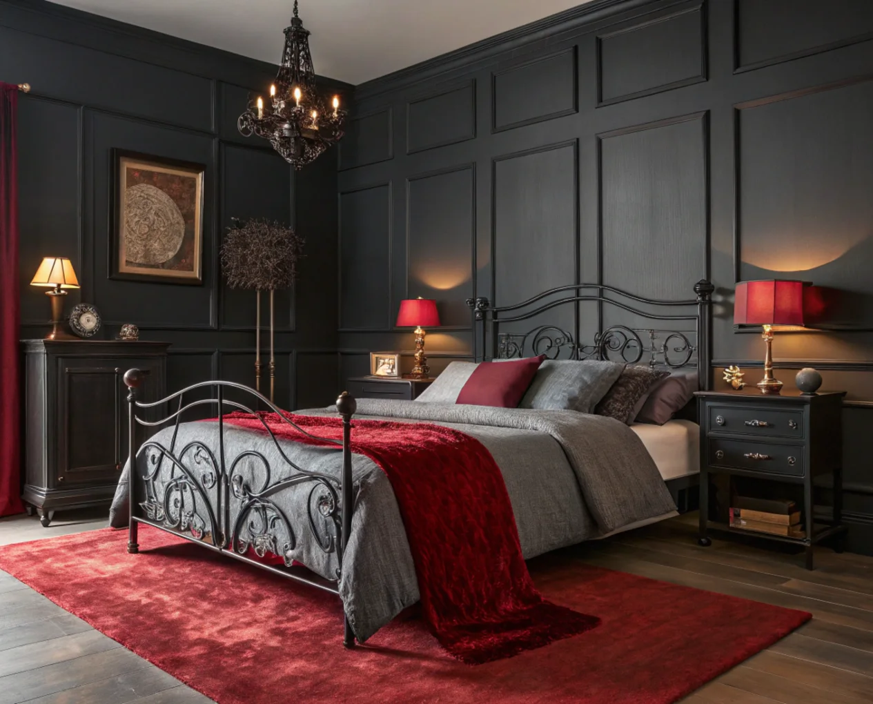 Dramatic Crimson & Charcoal Chamber
