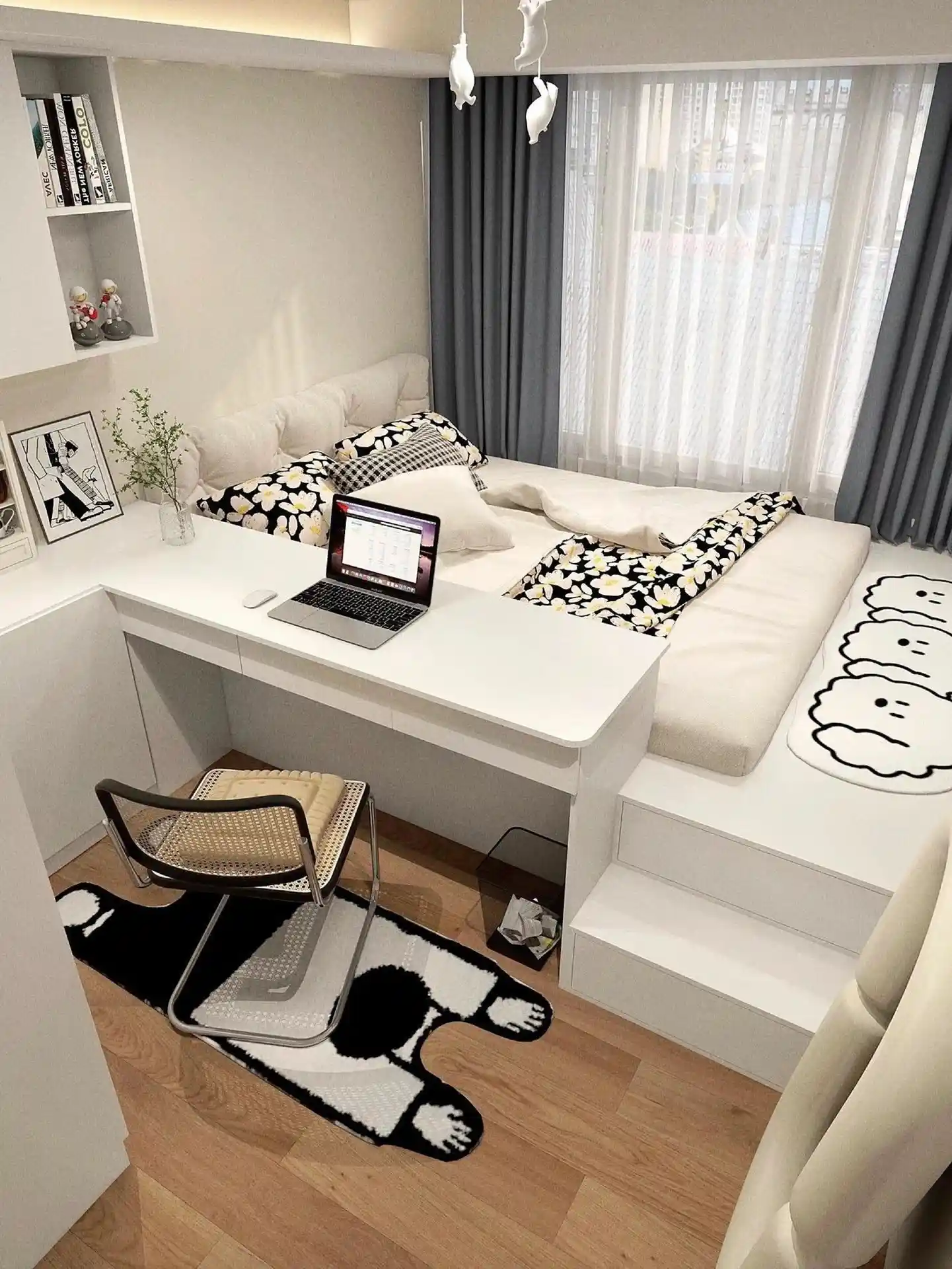 Elevated Platform Bed with Integrated Desk System