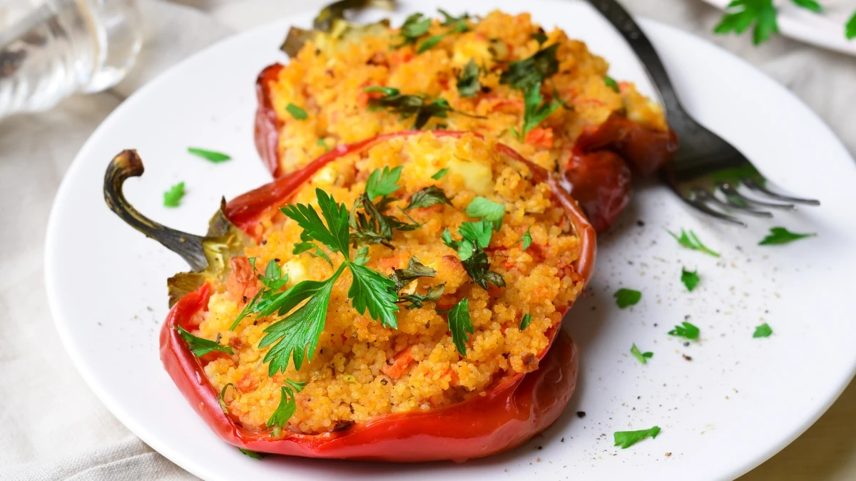 Farro Artichoke Pesto Stuffed Peppers