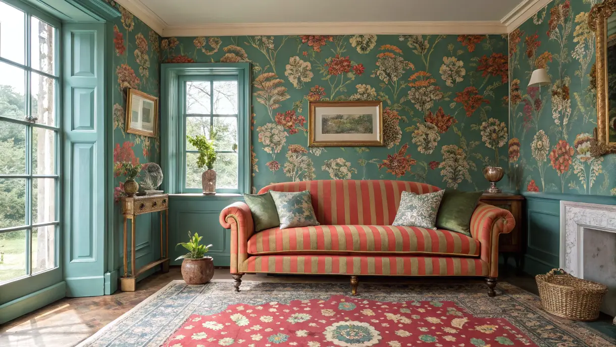 Floral Wallpaper and Striped Sofa