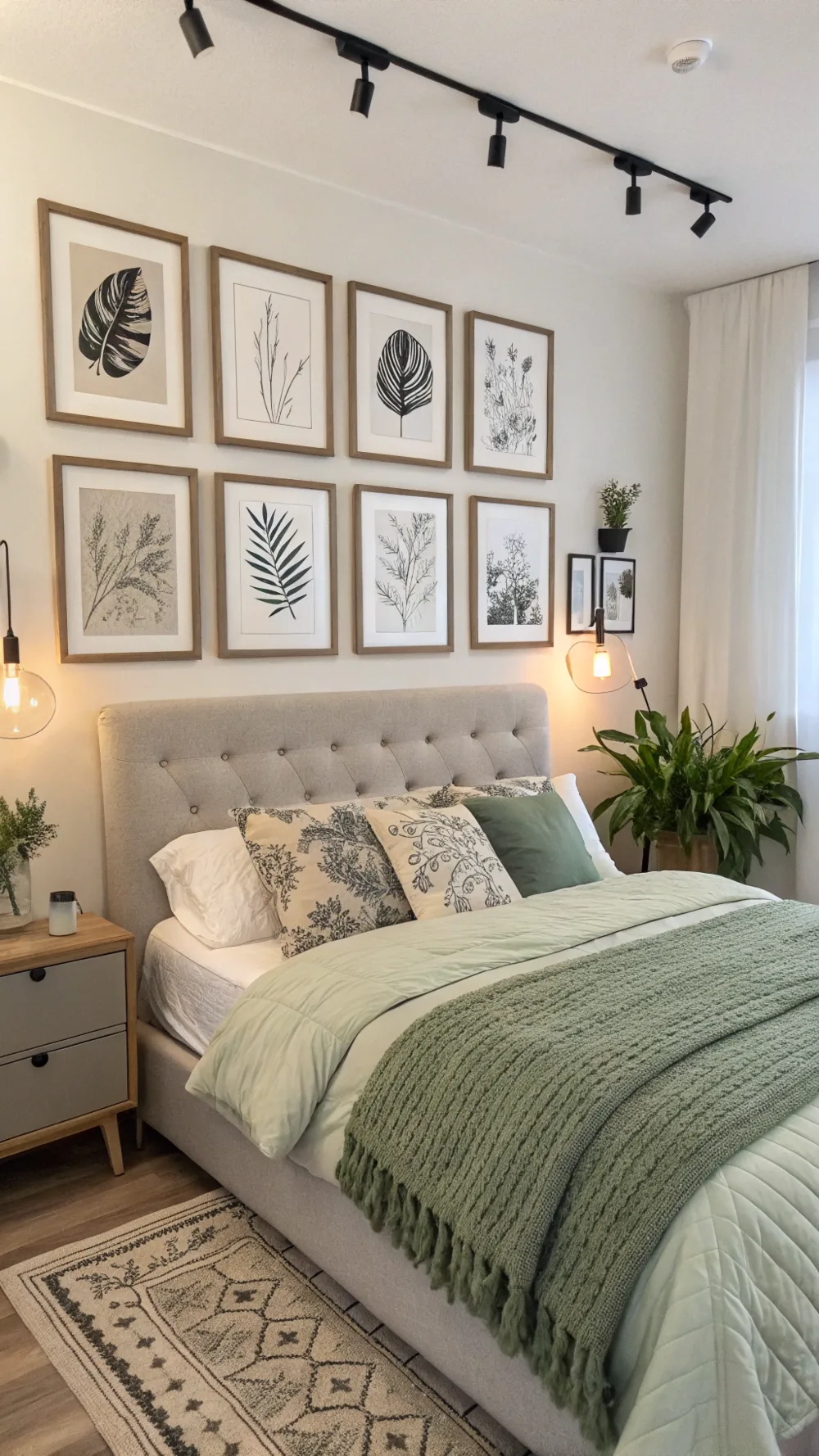 Gallery Wall Above Bed with Integrated Lighting