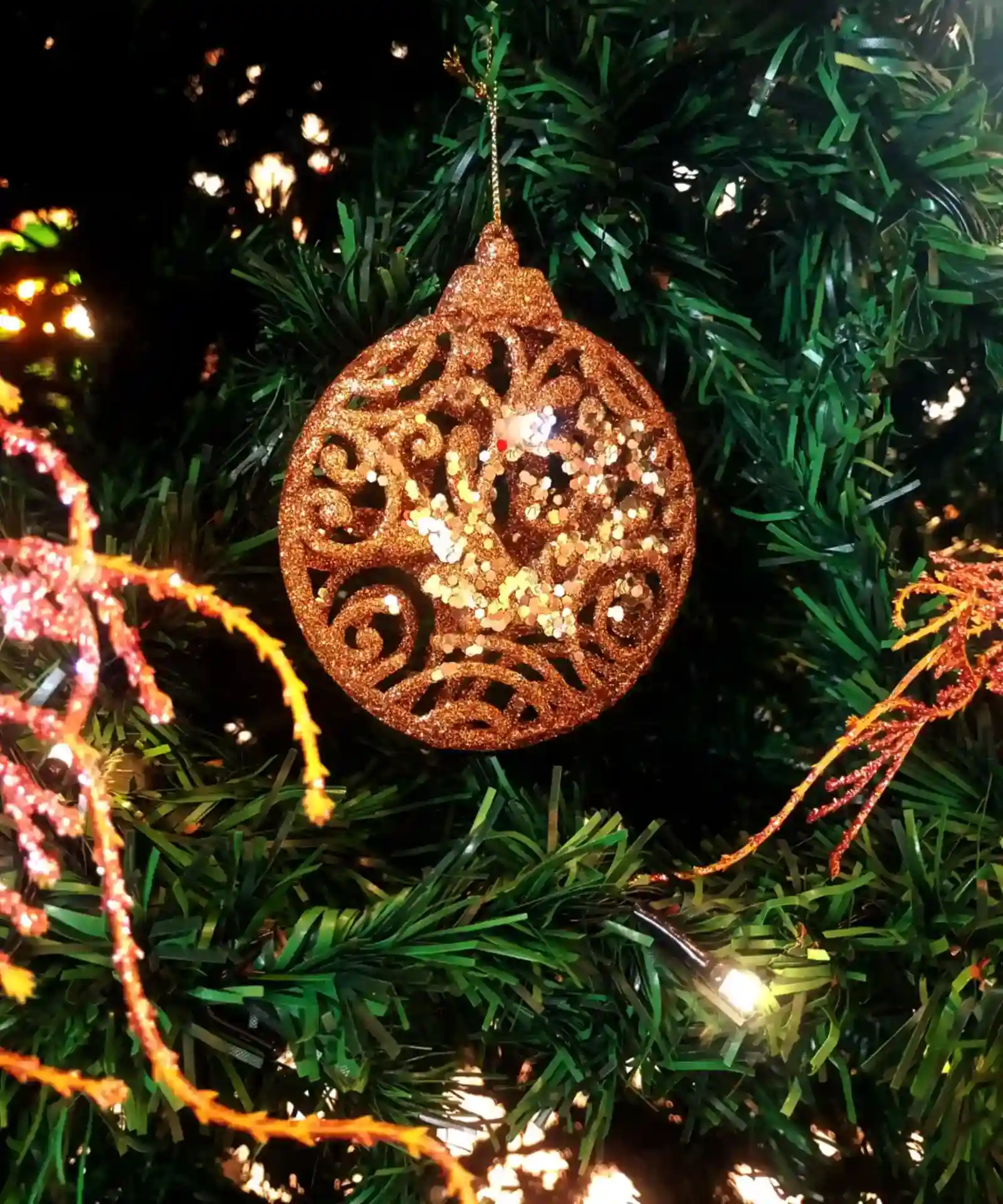 Glittering Copper Swirl Baubles