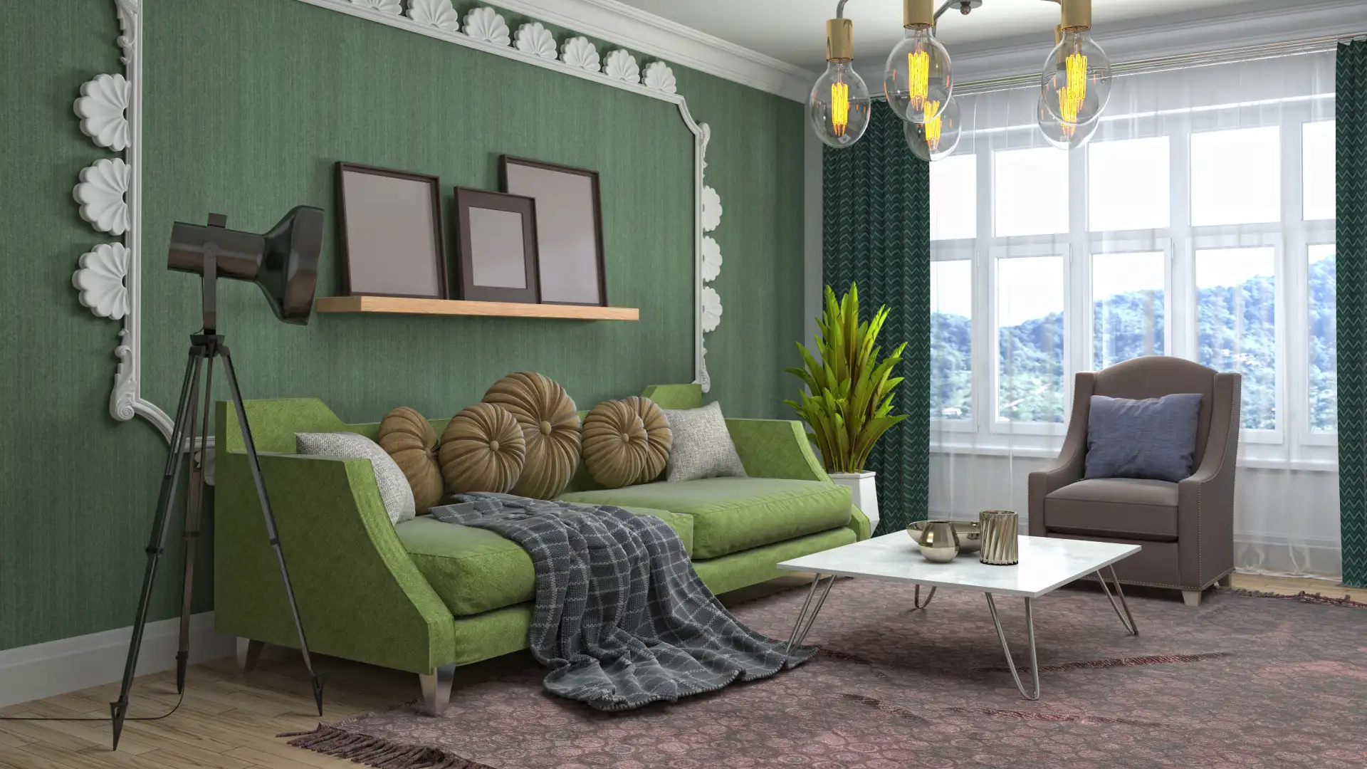 Layered Green Sofa and Textiles