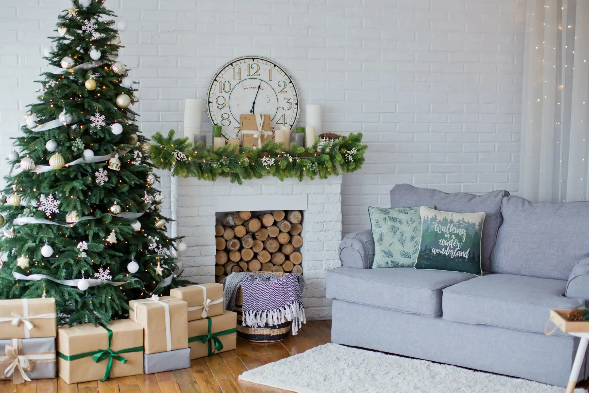 Natural Textures and Festive Fireplace Focus