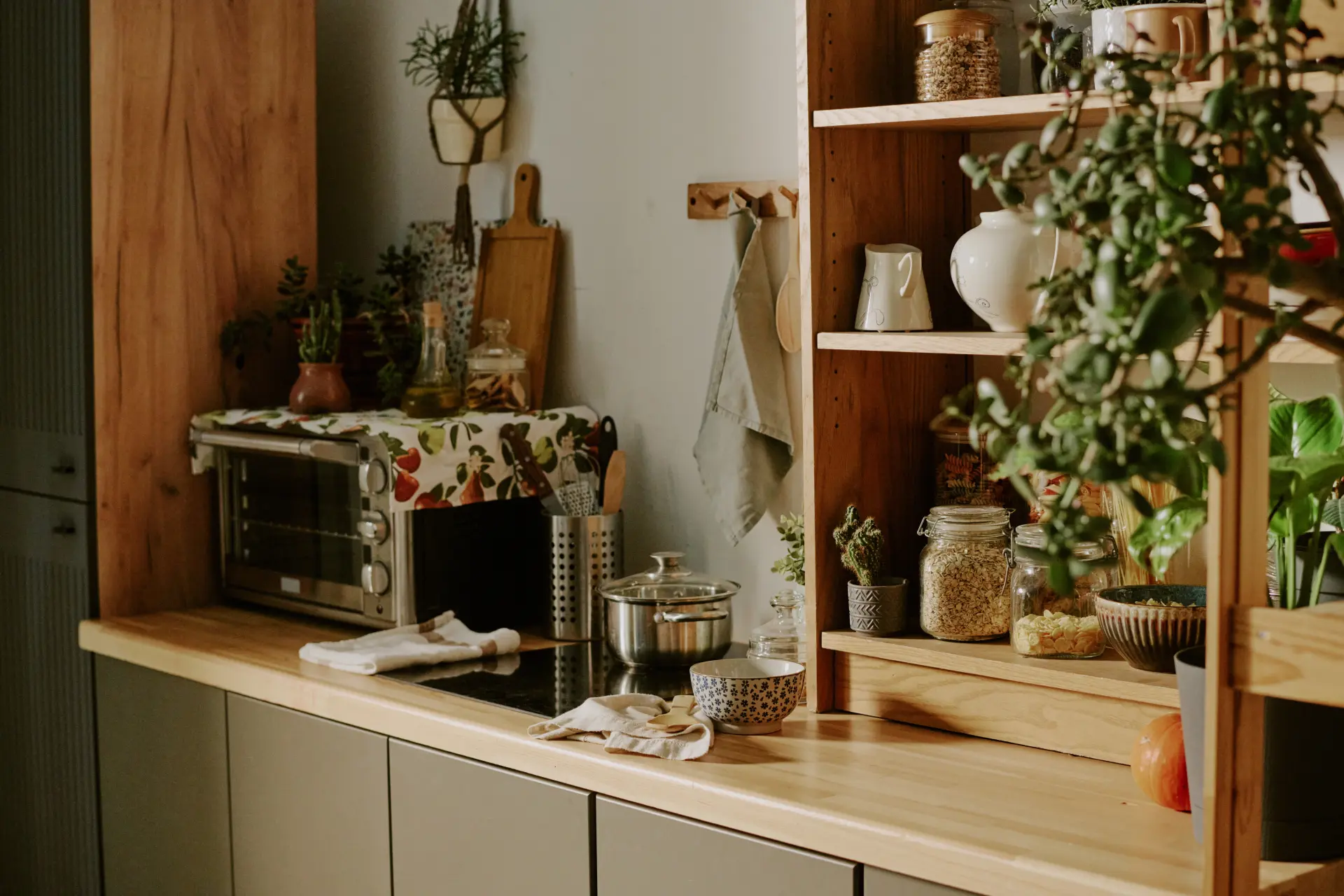 Open Shelving and Natural Wood Kitchen Organization