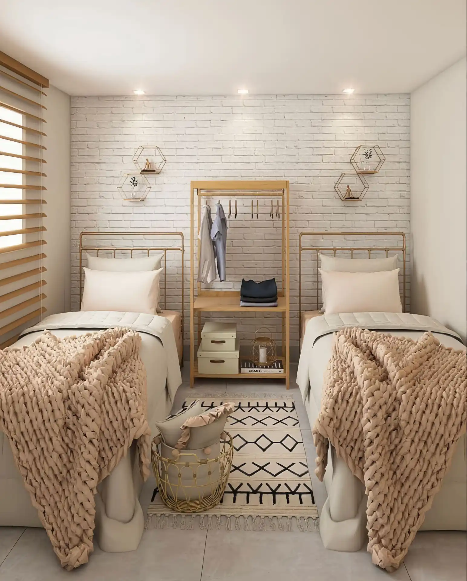 Symmetrical Twin Bed Setup with Shared Wardrobe Station