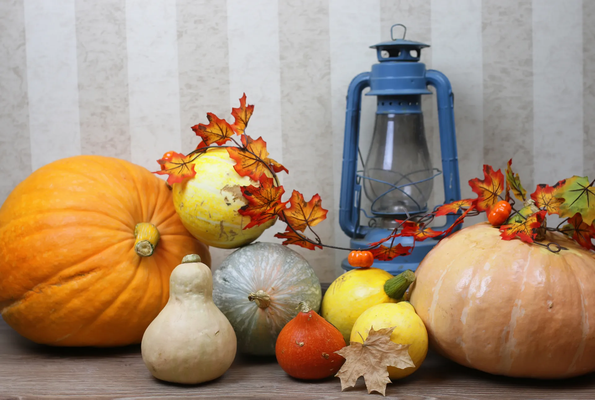 Vintage Lantern and Gourd Harvest Display