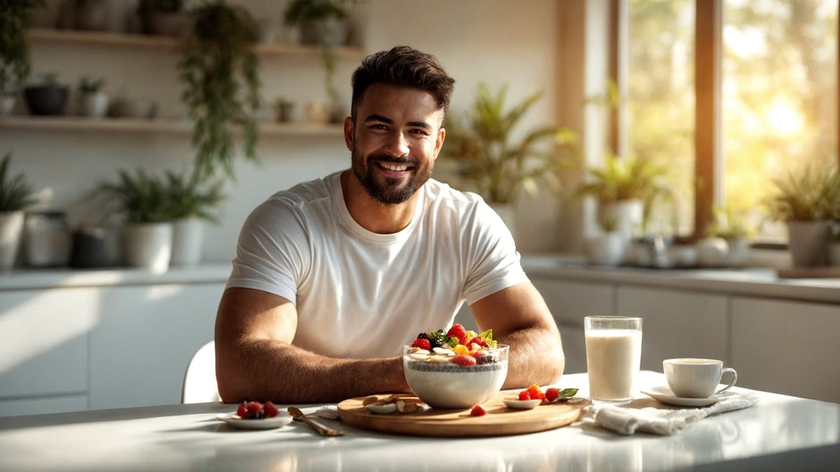 healthy man eating breakfast