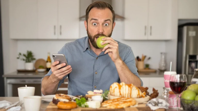 man using phone and eating apple